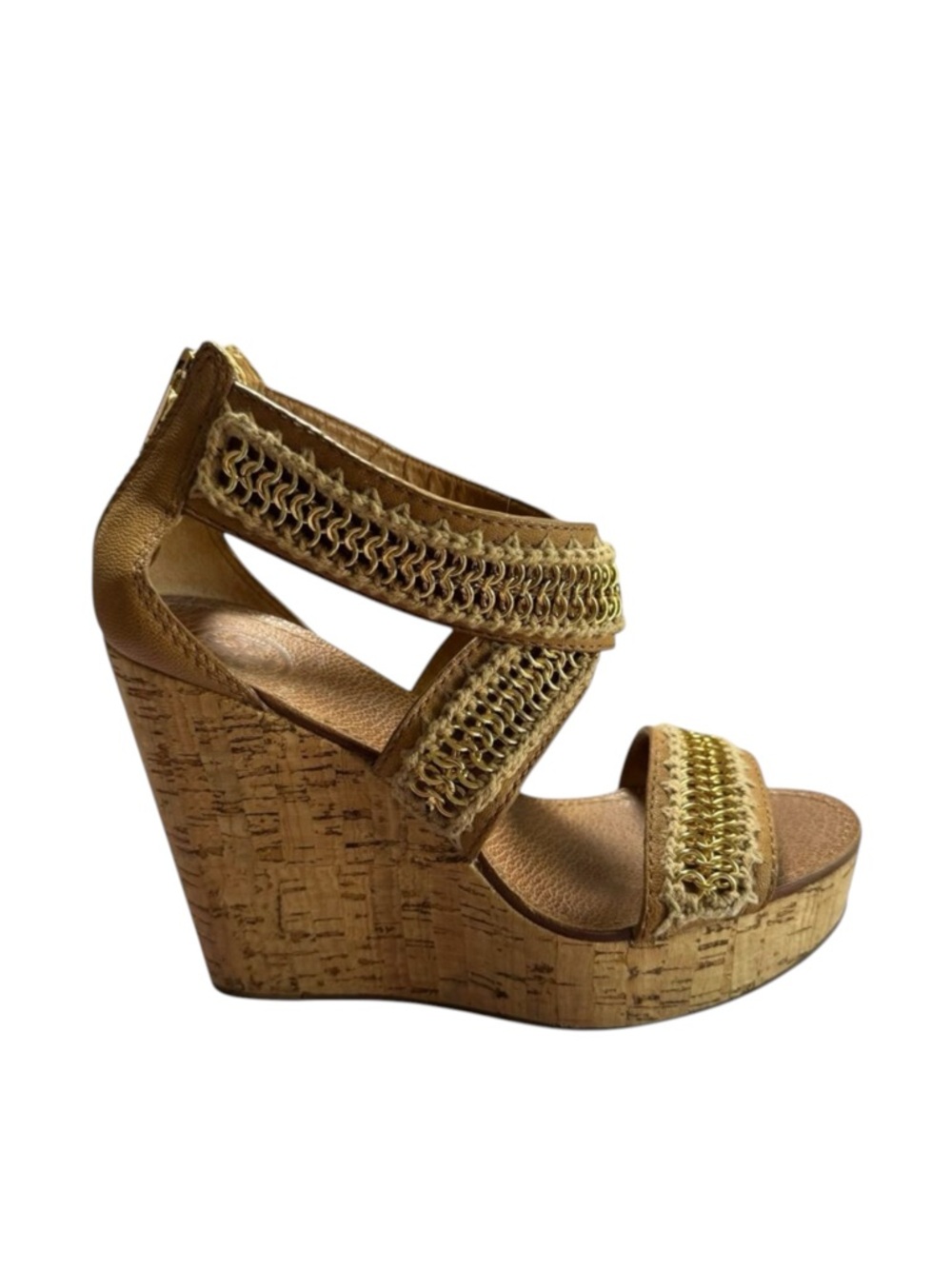 Tory Burch Lucian Tan Leather Gold Chain Strappy Wedge Sandals - Size 7 ½